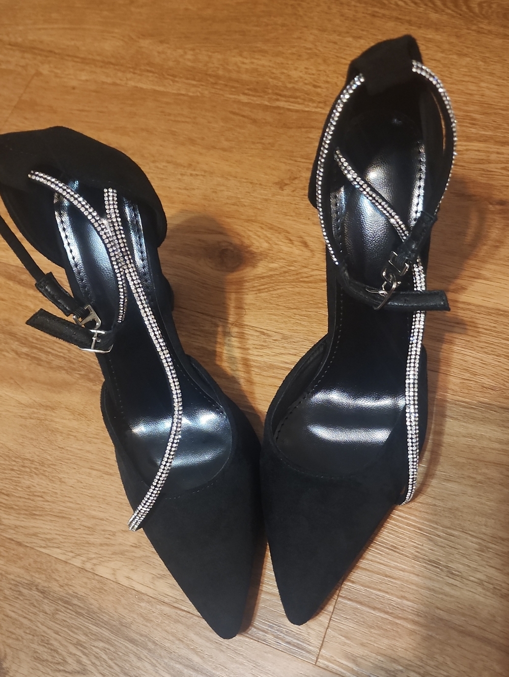 SHEIN Black Pointed Ankle-Strap Heels with Rhinestone Trim
